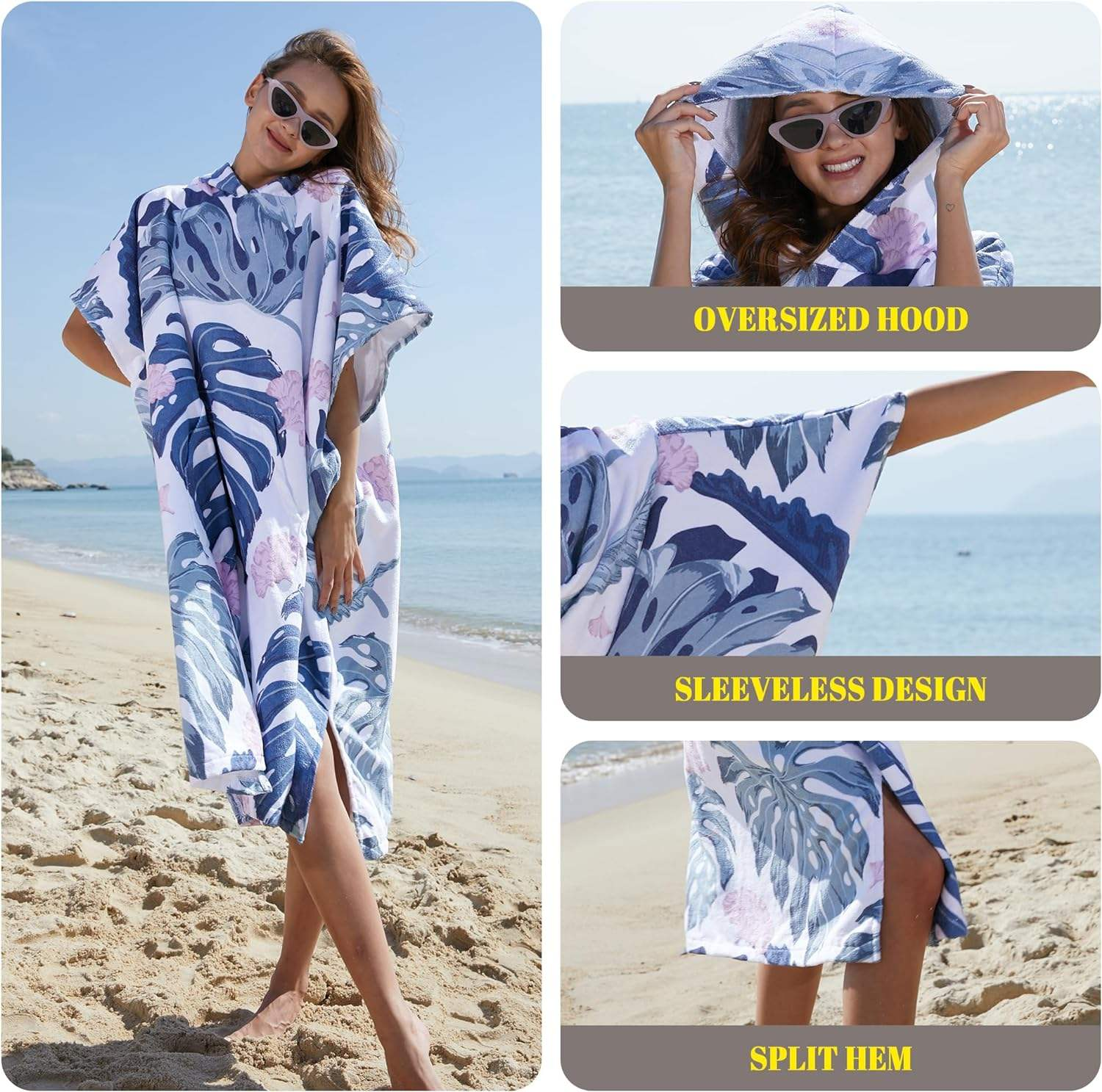 Terry Hooded Beach Poncho Robe for Adults